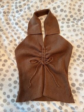 Jolie & Joy Ribbed Halter Top with Collar and Drawstring Detailing. Juniors L